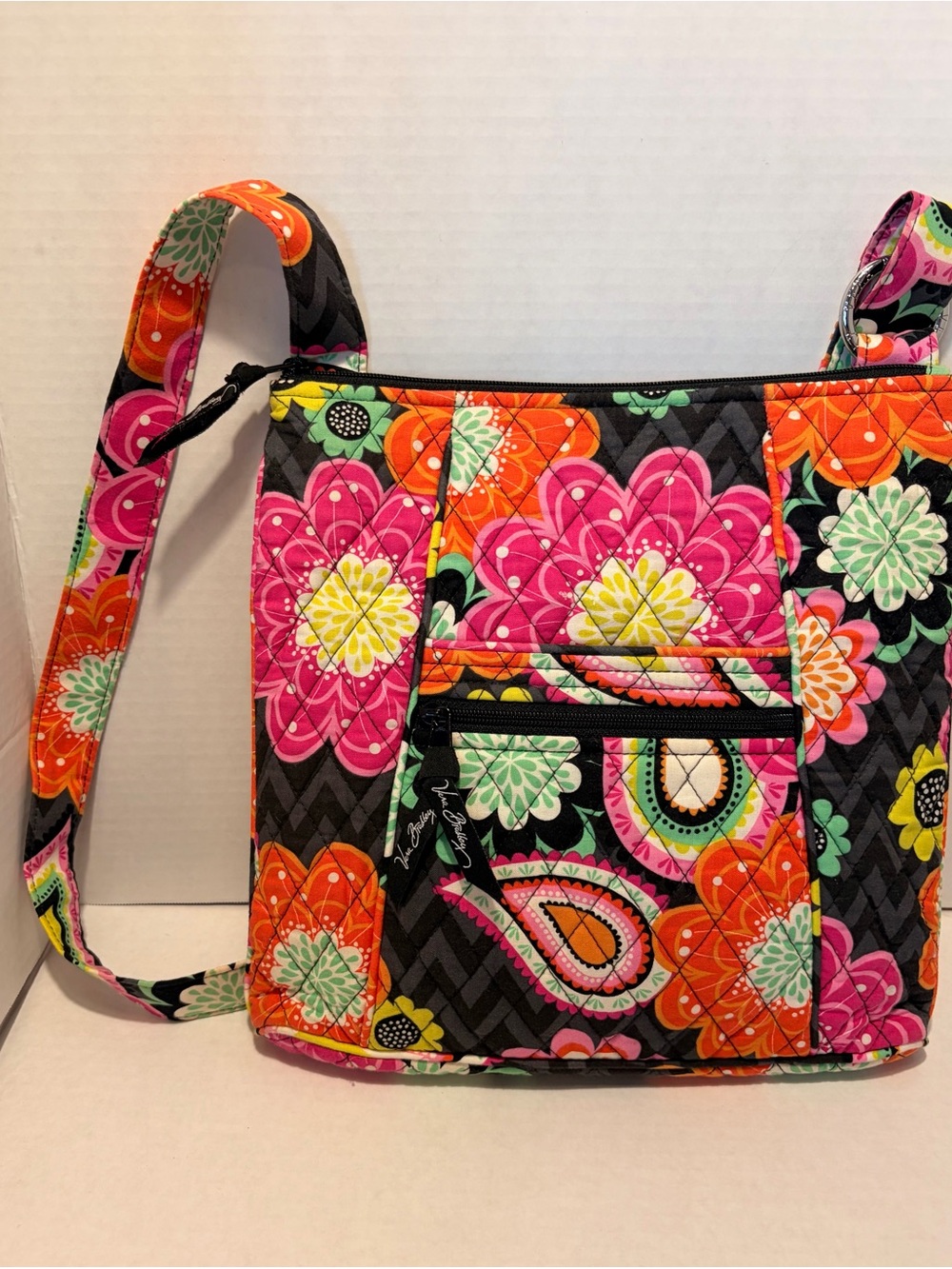 Vera Bradley Black Quilted Crossbody with Pink & Orange Floral Print